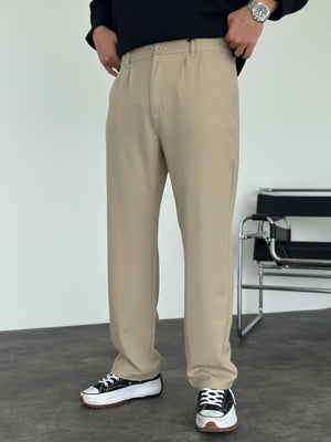 Bej Pileli Baggy Kumaş Pantolon