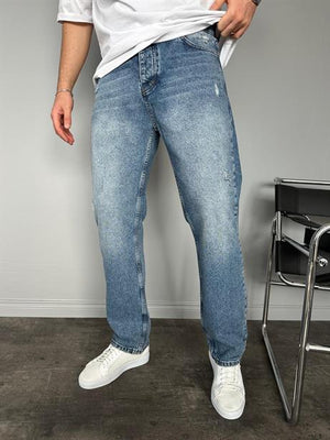 Koyu Lacivert Yıkamalı Yırtıklı Mavi Baggy Jean