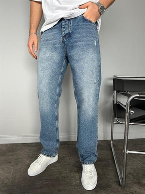 Koyu Lacivert Yıkamalı Yırtıklı Mavi Baggy Jean