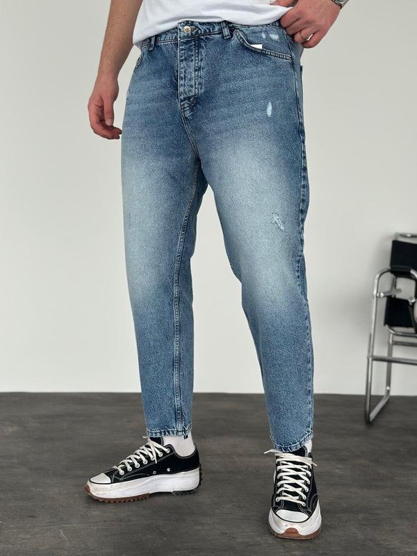 Mavi Taşlamalı Lazer Detaylı Boyfriend Jean