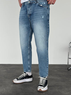 Mavi Taşlamalı Lazer Detaylı Boyfriend Jean