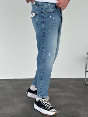Mavi Taşlamalı Lazer Detaylı Boyfriend Jean