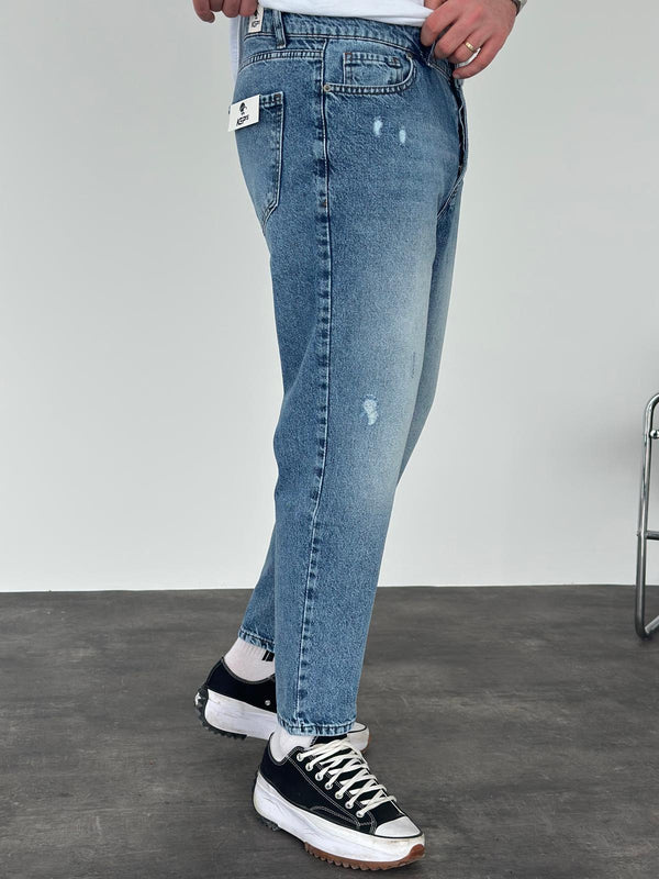 Mavi Taşlamalı Lazer Detaylı Boyfriend Jean