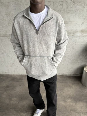 Açık Gri Yıkamalı Fermuarlı Sweatshirt
