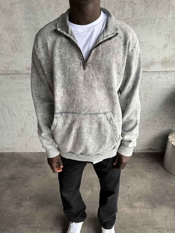 Açık Gri Yıkamalı Fermuarlı Sweatshirt