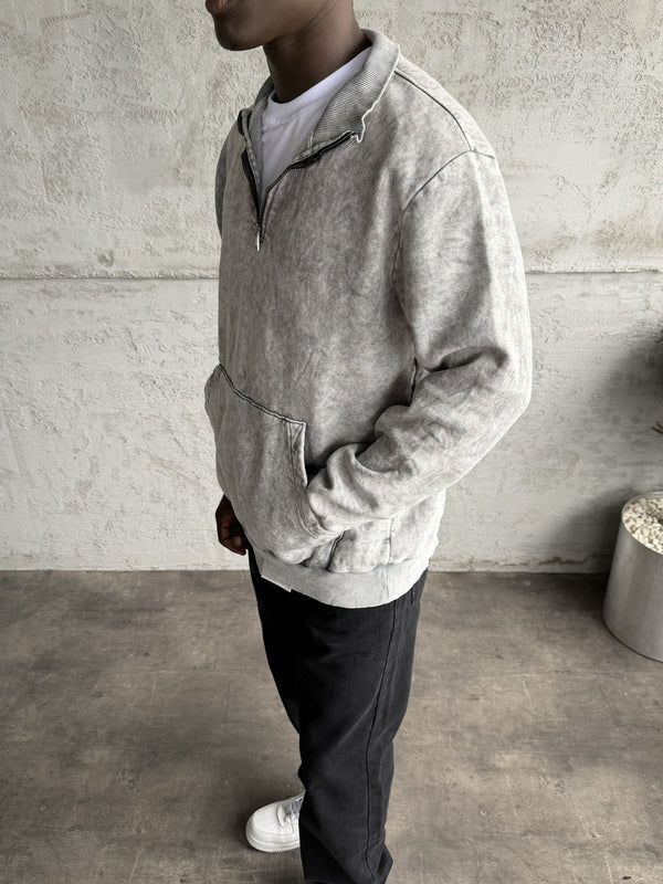 Açık Gri Yıkamalı Fermuarlı Sweatshirt