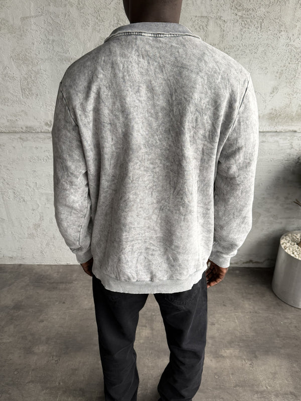 Açık Gri Yıkamalı Fermuarlı Sweatshirt