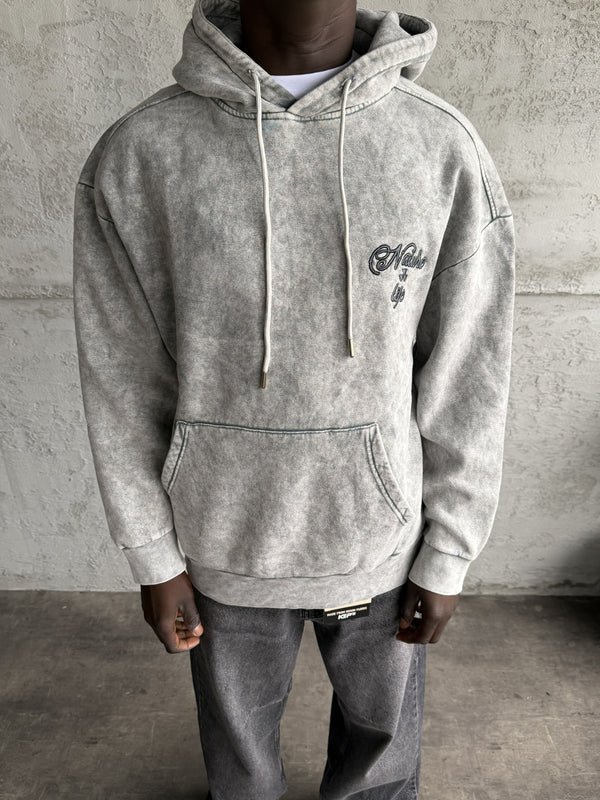 Açık Gri Yıkamalı Kapüşonlü Nakış Detaylı Sweatshirt