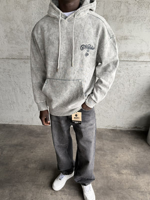 Açık Gri Yıkamalı Kapüşonlü Nakış Detaylı Sweatshirt