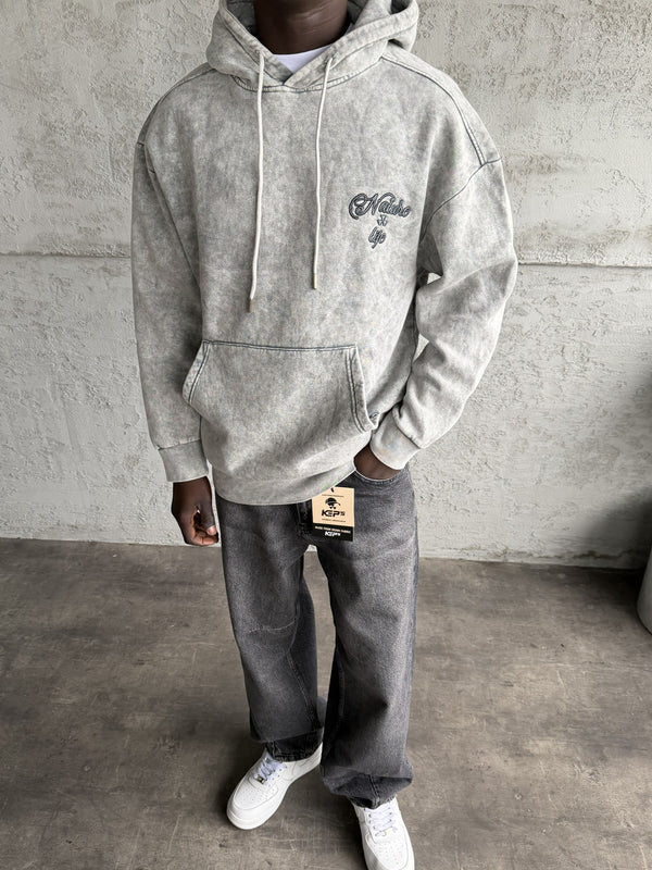 Açık Gri Yıkamalı Kapüşonlü Nakış Detaylı Sweatshirt