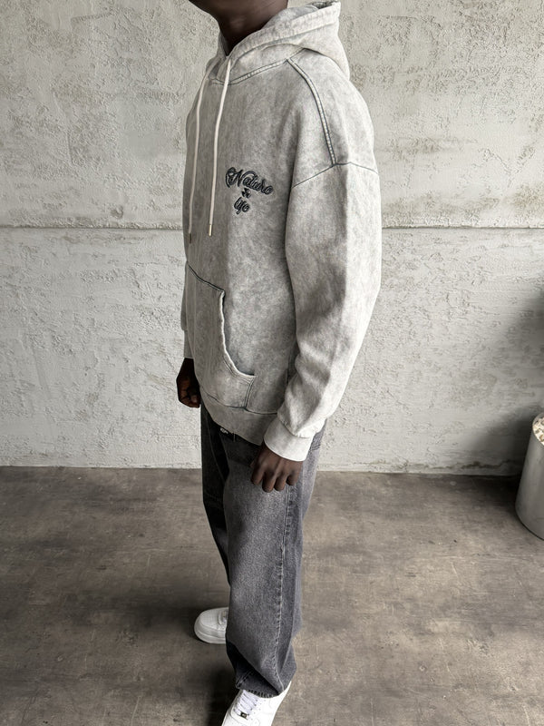 Açık Gri Yıkamalı Kapüşonlü Nakış Detaylı Sweatshirt
