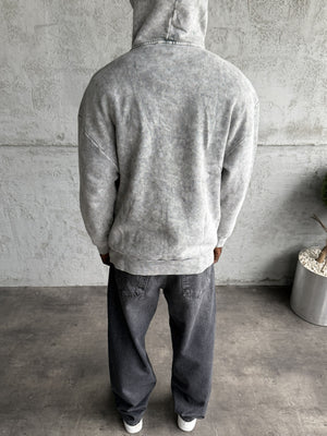 Açık Gri Yıkamalı Kapüşonlü Nakış Detaylı Sweatshirt