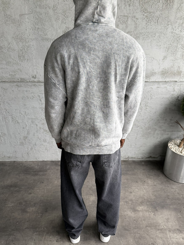 Açık Gri Yıkamalı Kapüşonlü Nakış Detaylı Sweatshirt
