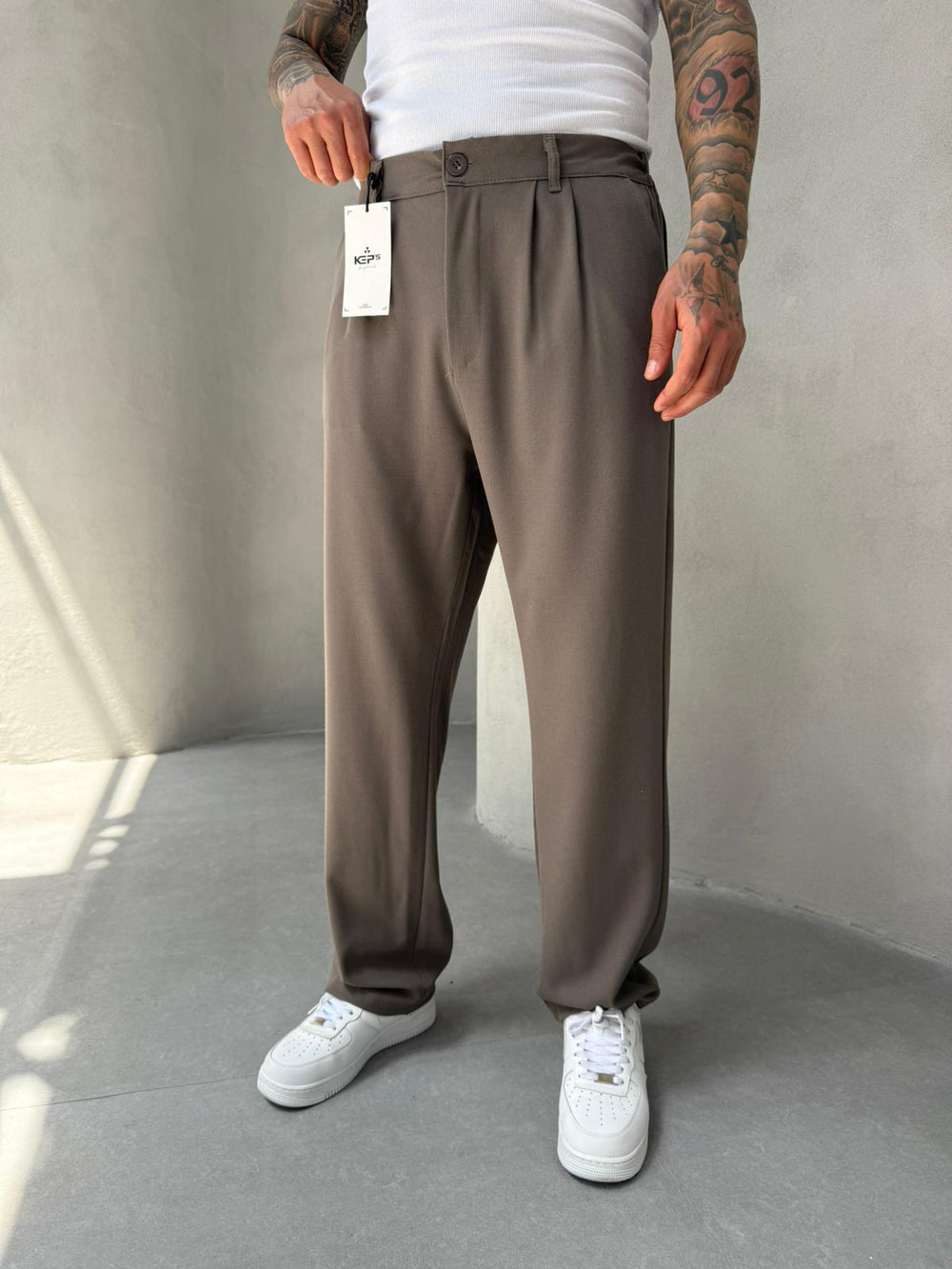 Açık Kahve Pileli Baggy Kumaş Pantolon