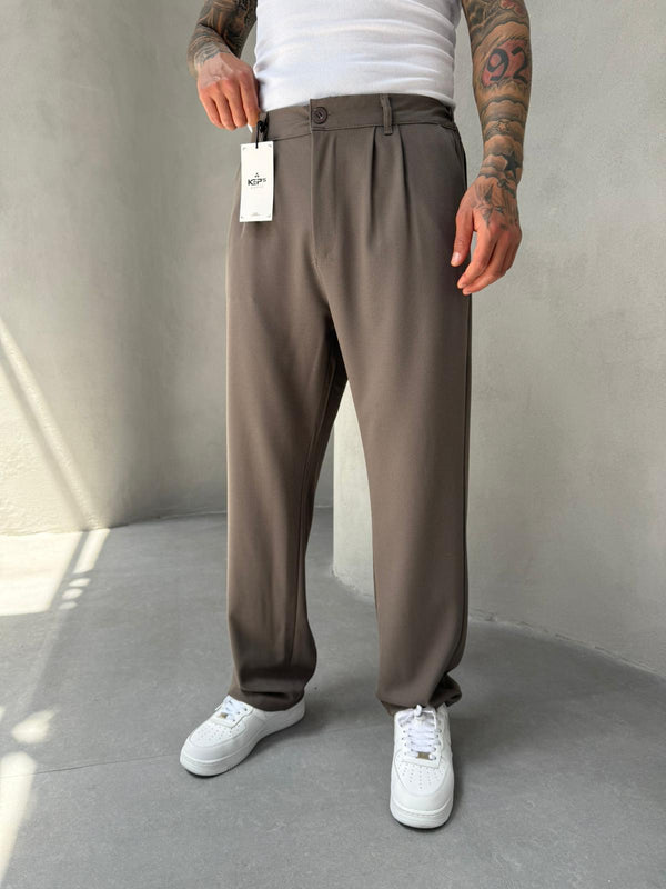 Açık Kahve Pileli Baggy Kumaş Pantolon