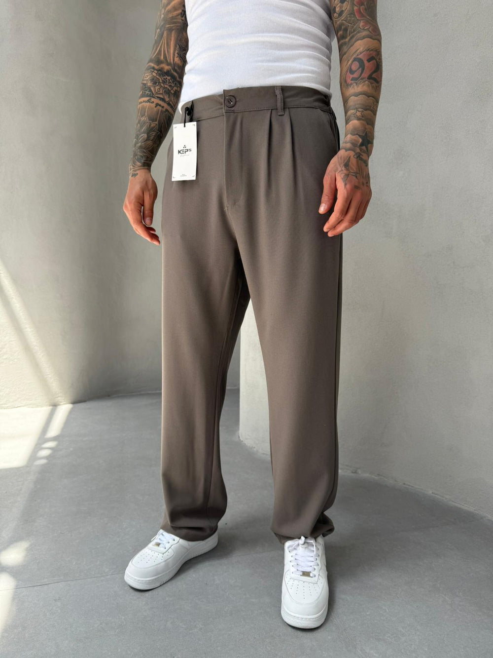 Açık Kahve Pileli Baggy Kumaş Pantolon