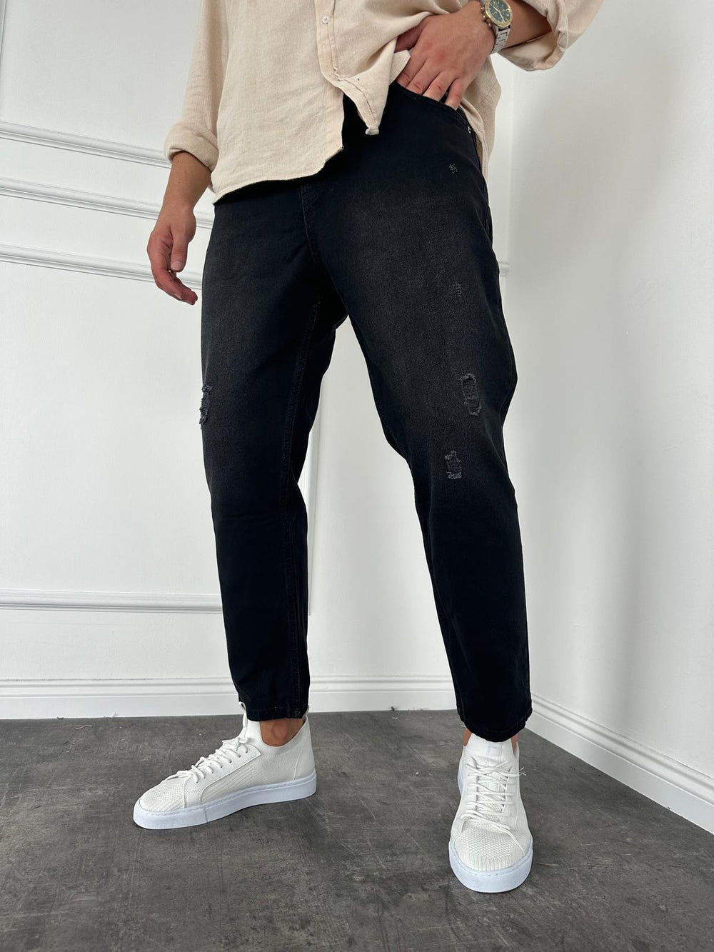 Antrasit Yırtıklı Boyfriend Jean