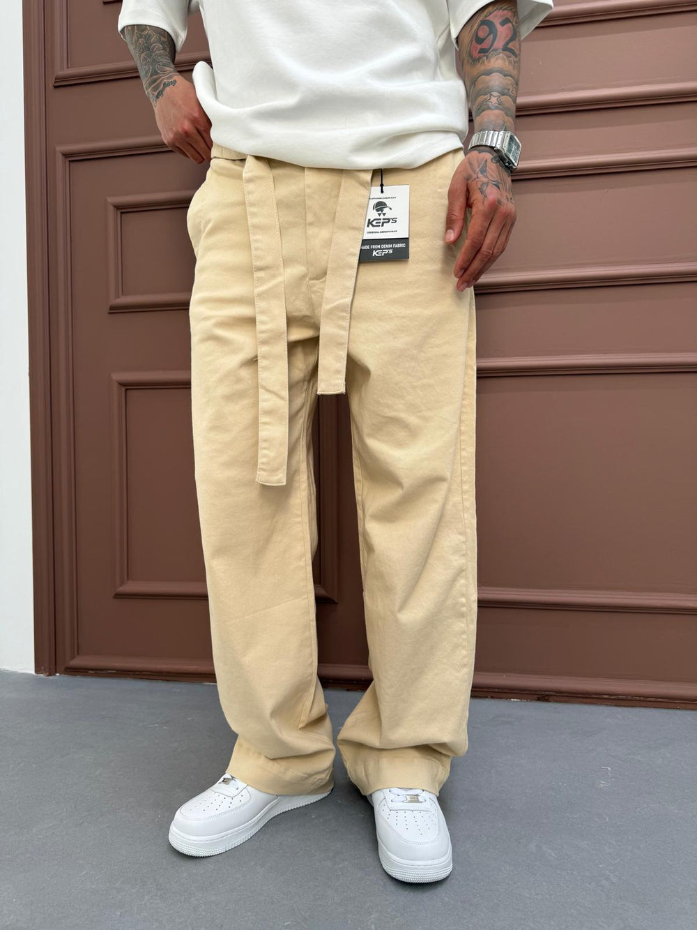 Bej Gabardin Kumaş Baggy Pantolon