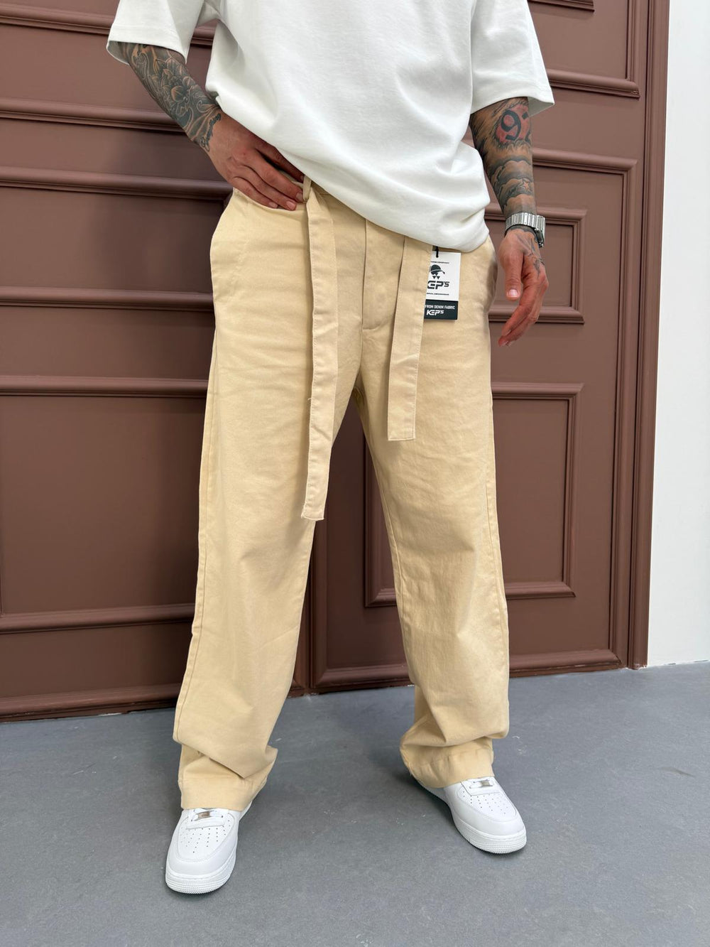 Bej Gabardin Kumaş Baggy Pantolon