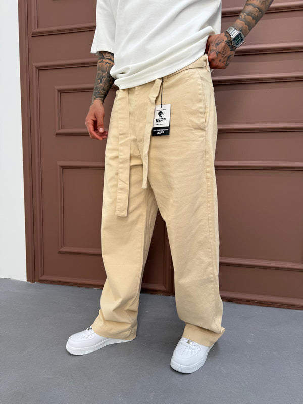 Bej Gabardin Kumaş Baggy Pantolon