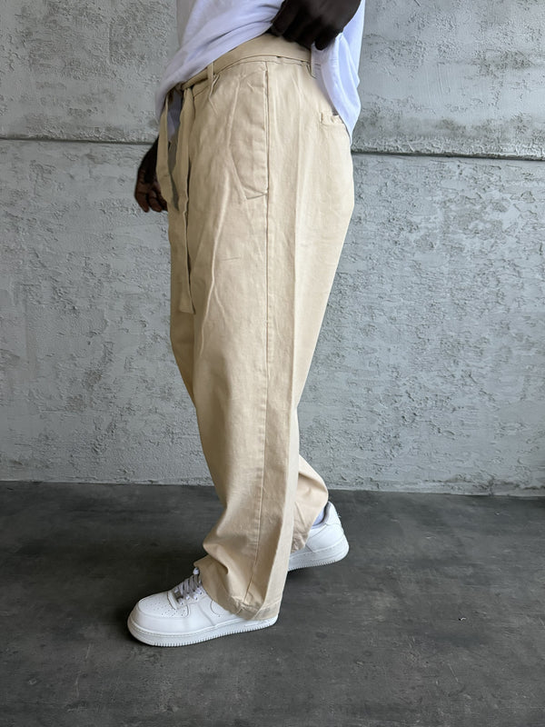Bej Gabardin Kumaş Baggy Pantolon