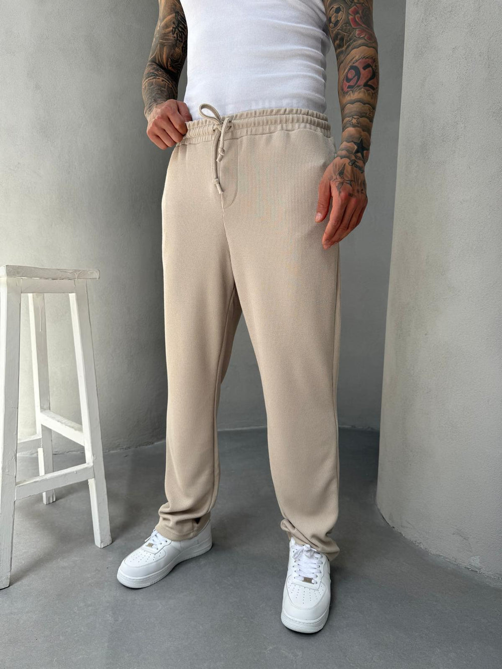 Bej İnce Fitilli Baggy Eşofman