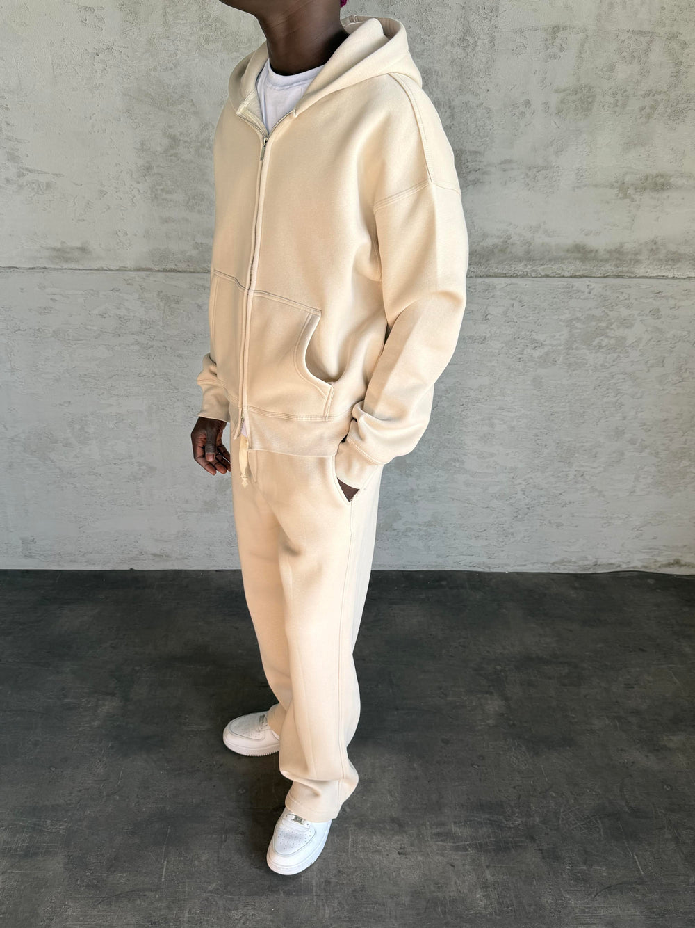 Bej Kapüşonlu Fermuarlı Sweatshirt