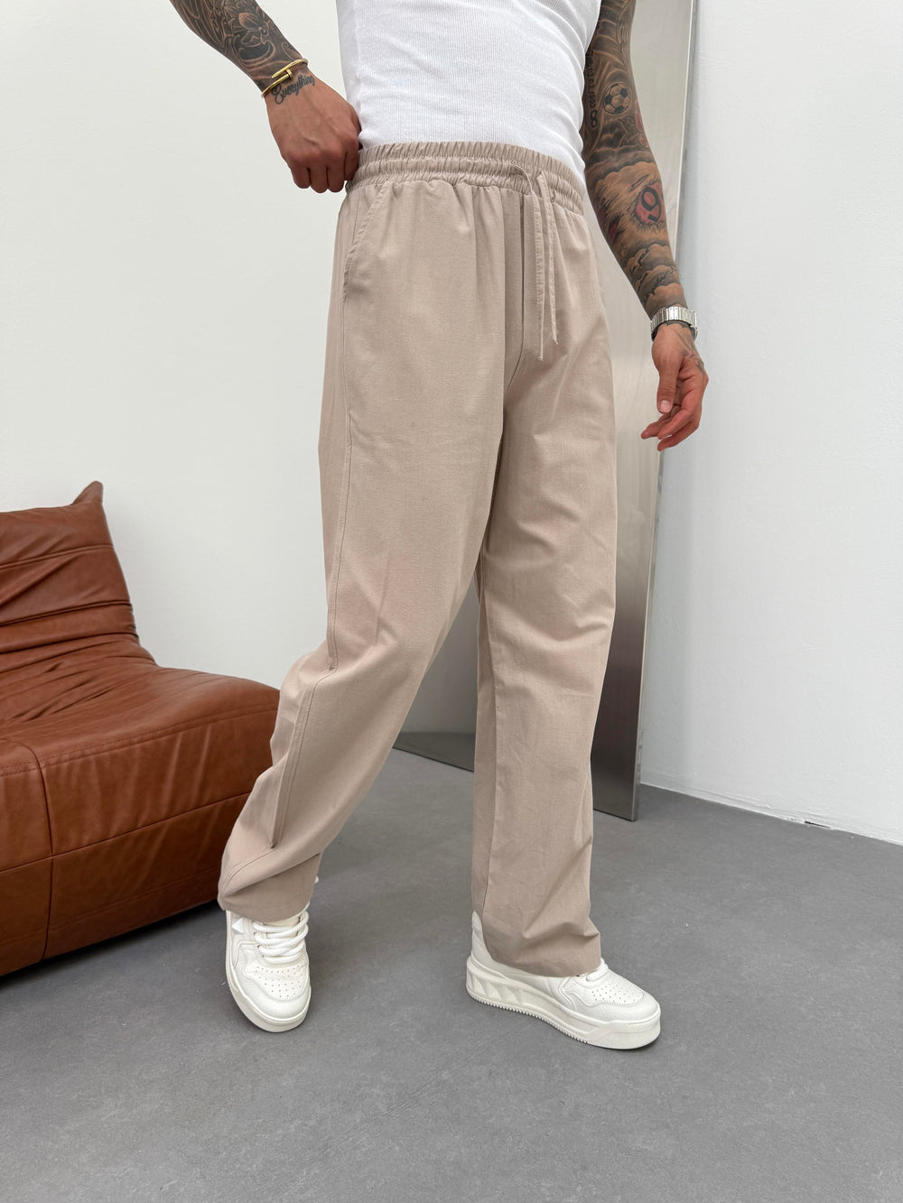 Bej Keten Baggy Pantolon