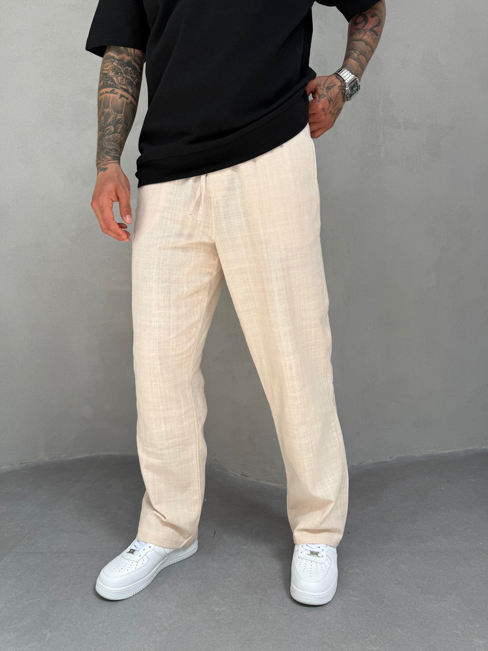 Bej Keten Baggy Pantolon