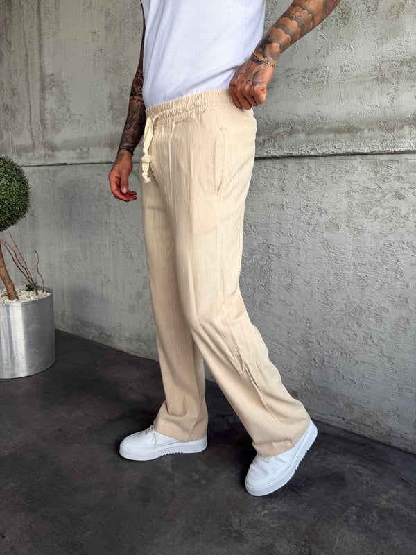 Bej Keten Baggy Pantolon