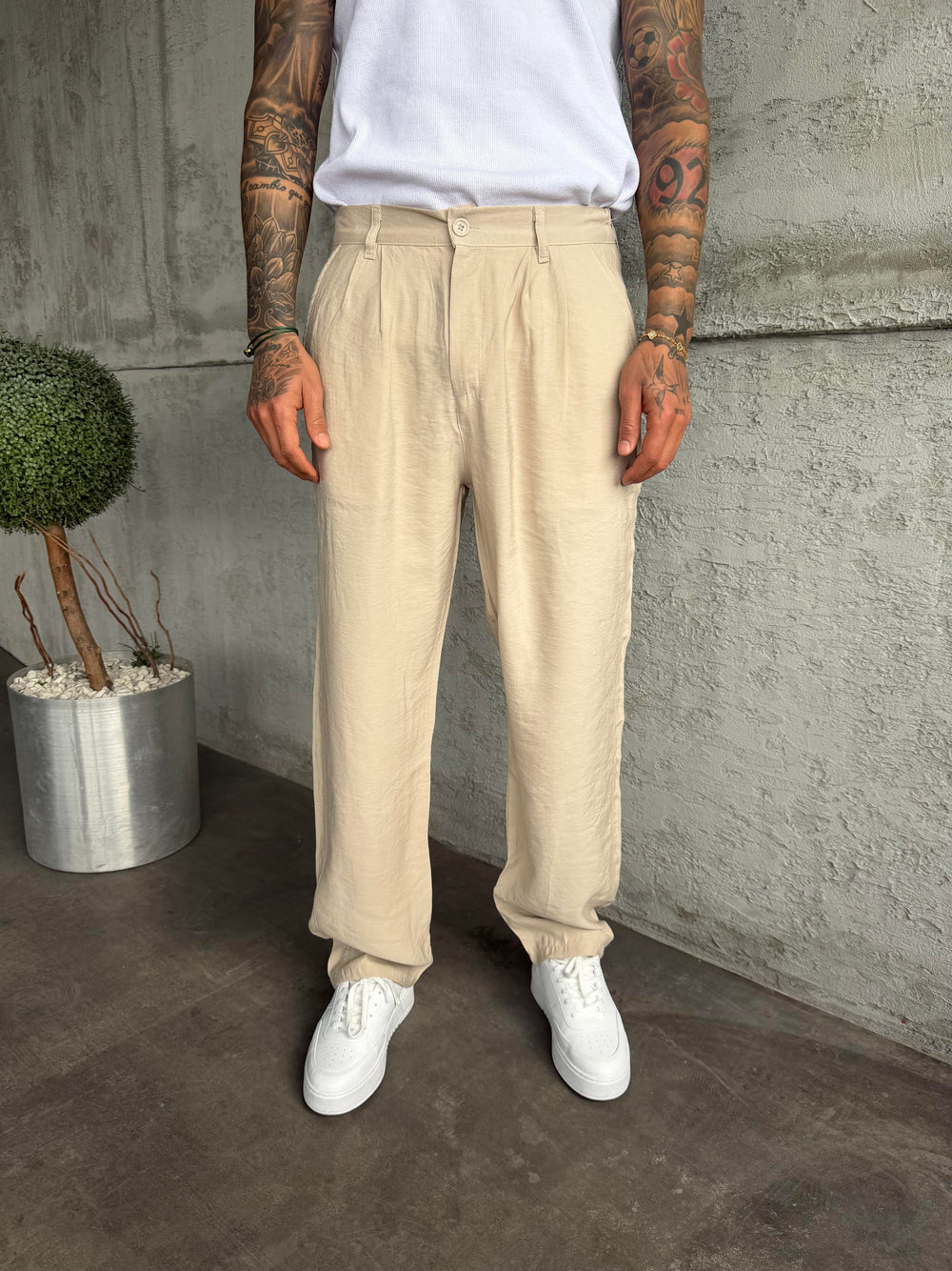 Bej Pileli Modal Kumaş Baggy Pantolon