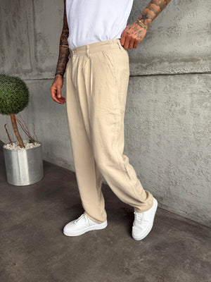 Bej Pileli Modal Kumaş Baggy Pantolon
