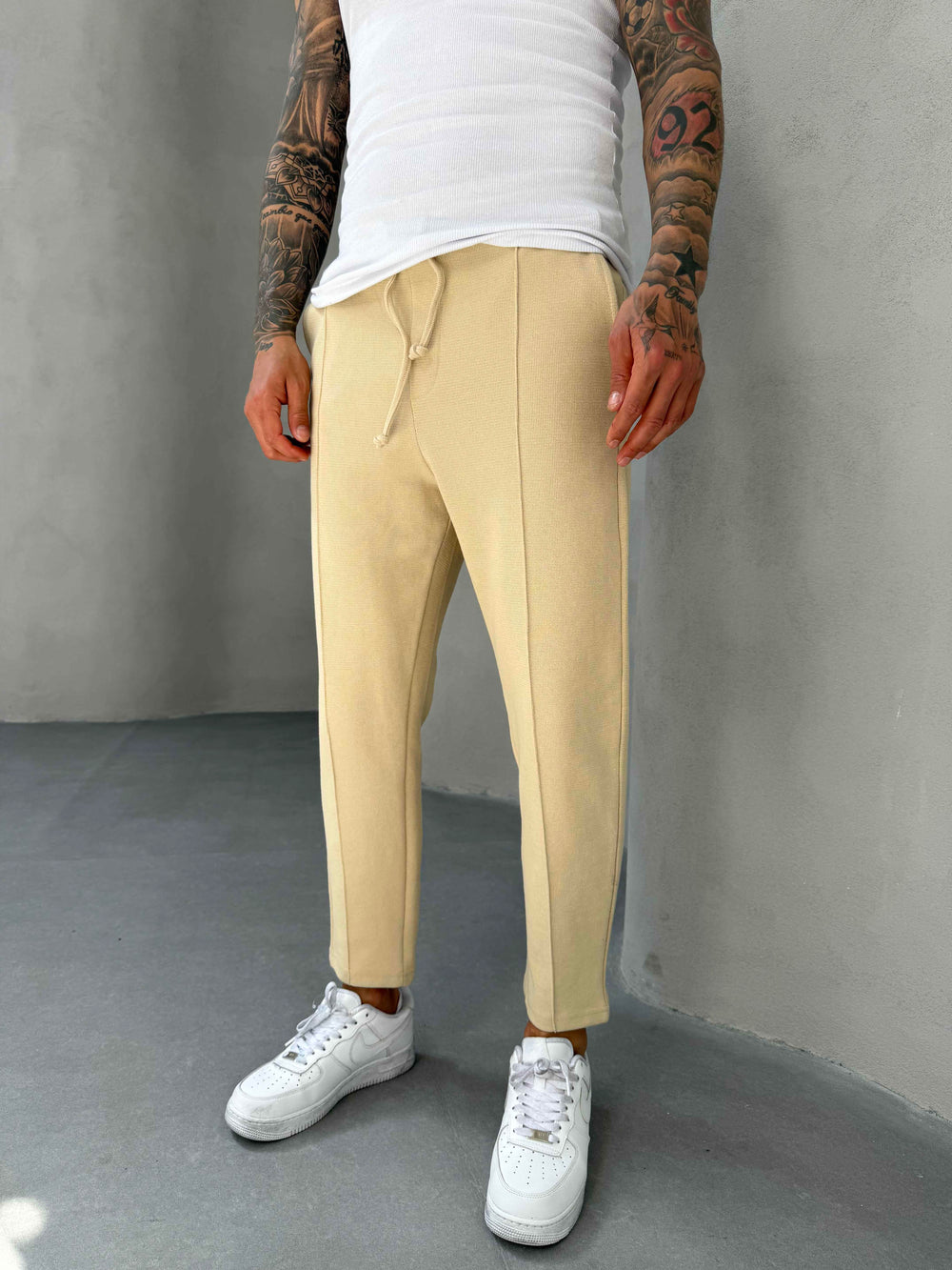 Bej Waffle Kumaş Boyfriend Pantolon