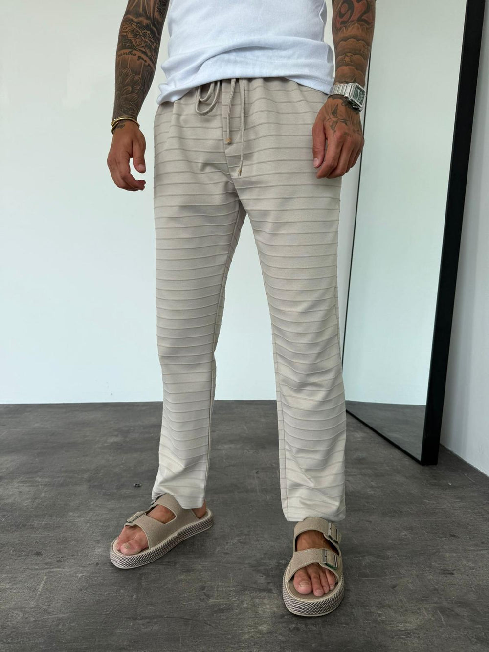 Bej Yatay Çizgili Baggy Eşofman