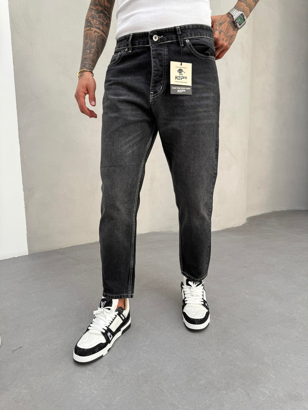 Beyaz Dikişli Füme Boyfriend Jean