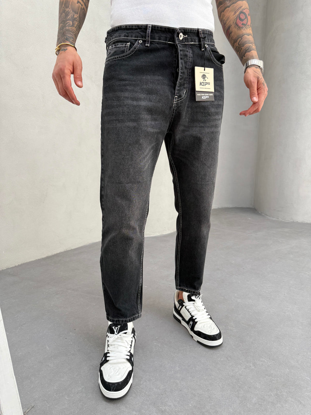 Beyaz Dikişli Füme Boyfriend Jean