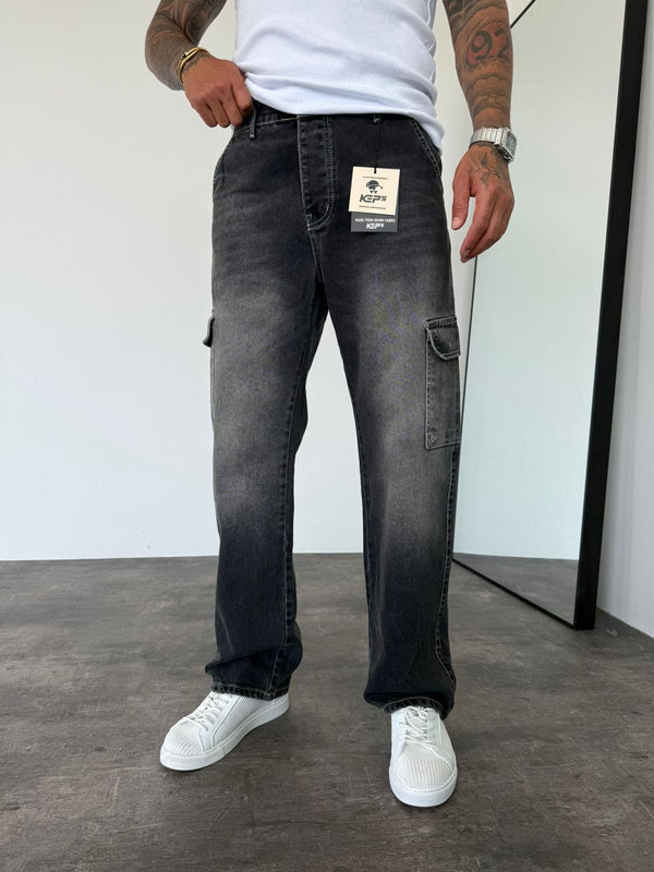 Beyaz Dikişli Füme Kargo Cep Baggy Jean