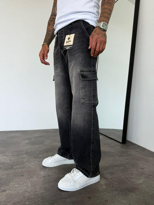 Beyaz Dikişli Füme Kargo Cep Baggy Jean