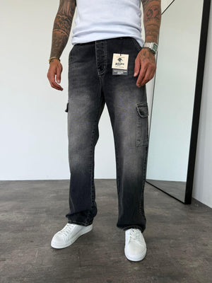 Beyaz Dikişli Füme Kargo Cep Baggy Jean