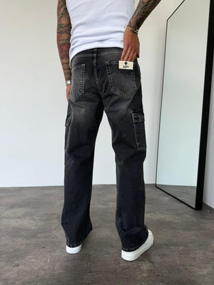 Beyaz Dikişli Füme Kargo Cep Baggy Jean