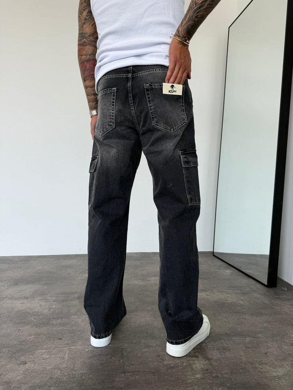 Beyaz Dikişli Füme Kargo Cep Baggy Jean