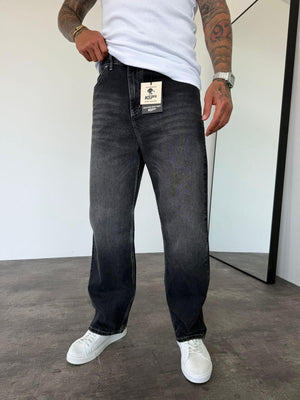 Beyaz Dikişli Füme Relax Baggy Jean