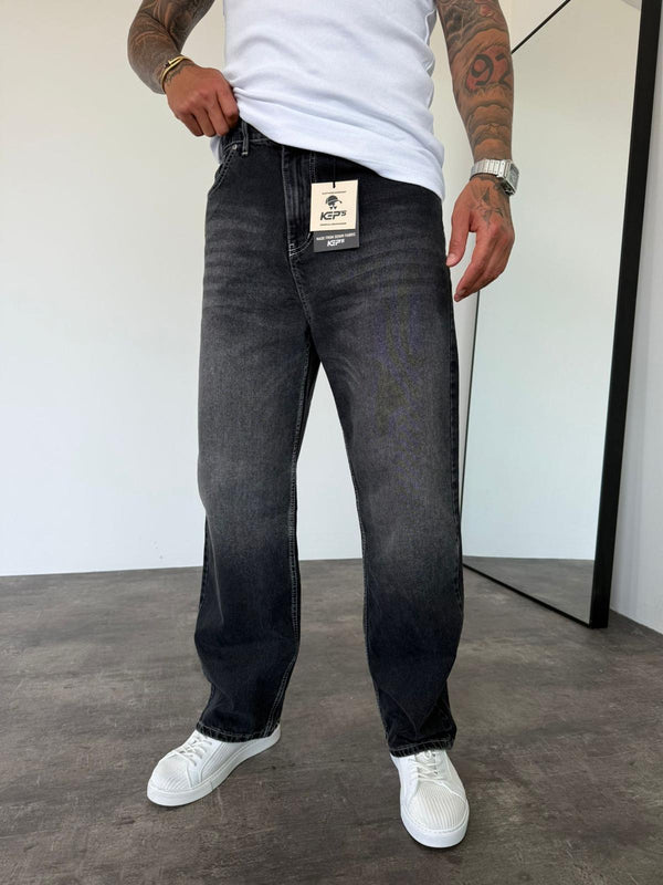 Beyaz Dikişli Füme Relax Baggy Jean