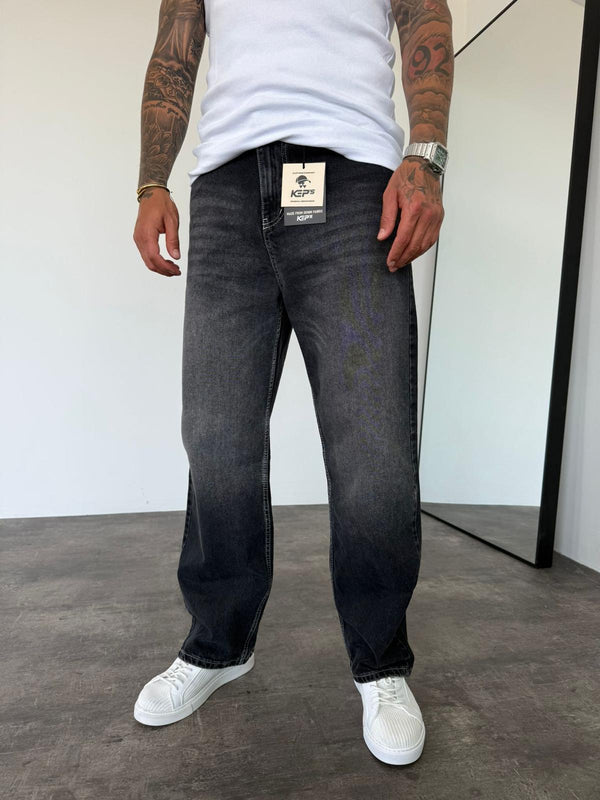 Beyaz Dikişli Füme Relax Baggy Jean