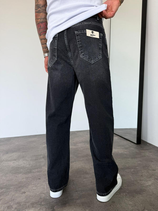 Beyaz Dikişli Füme Relax Baggy Jean