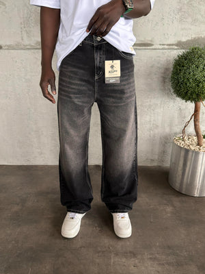 Beyaz Dikişli Füme Relax Baggy Jean