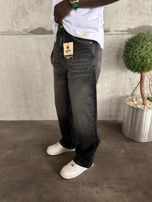 Beyaz Dikişli Füme Relax Baggy Jean