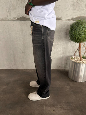 Beyaz Dikişli Füme Relax Baggy Jean