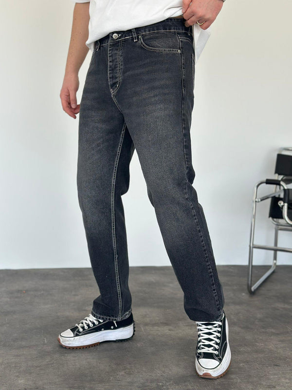 Beyaz Dikişli Füme Taşlamalı Baggy Jean