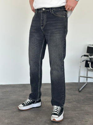 Beyaz Dikişli Füme Taşlamalı Baggy Jean
